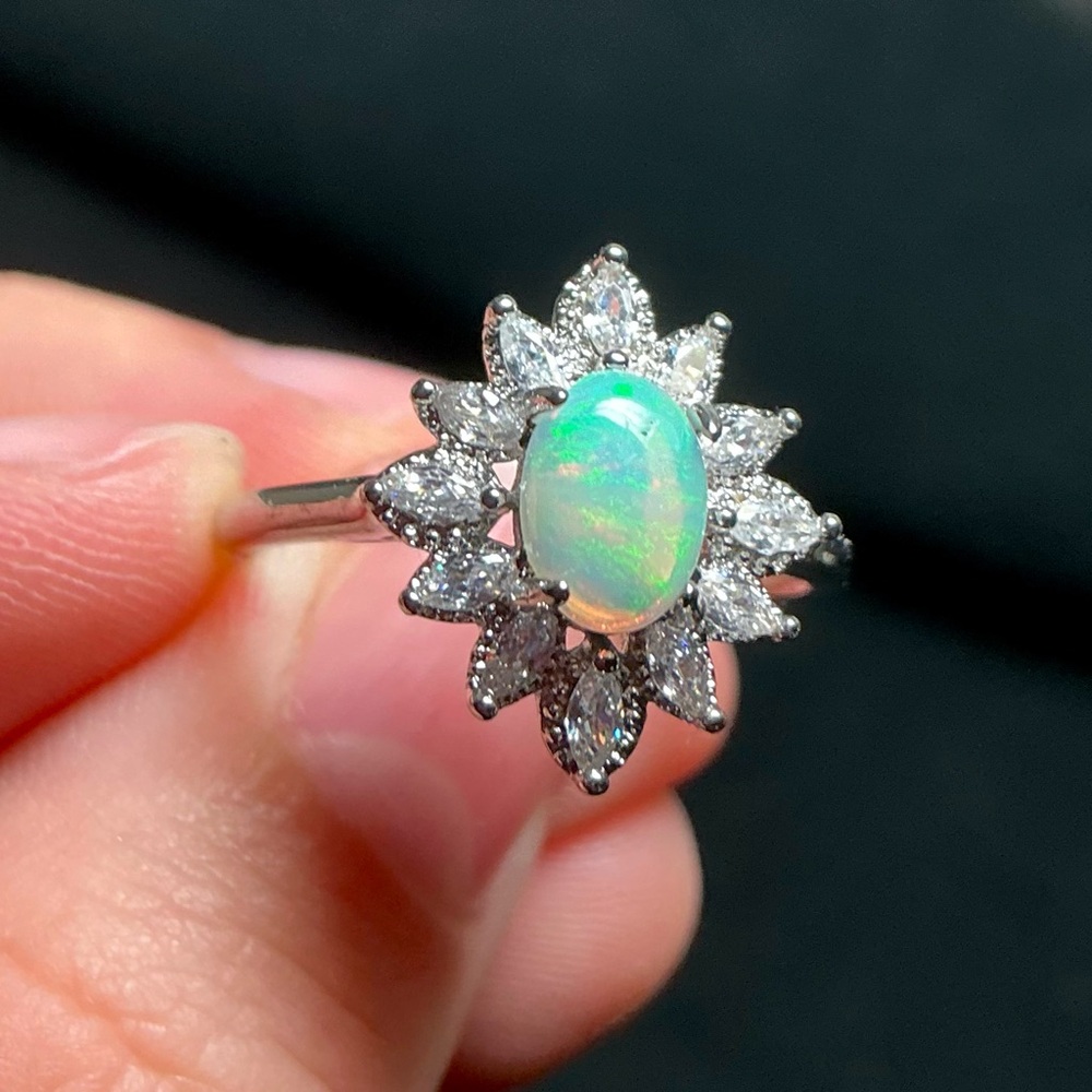 Natural Fire Opal Ring Cubic Zirconia Halo Crystals Adjustable Sterling Silver